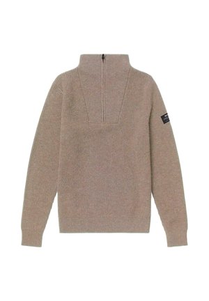 Suéter beige de canalé con cuello alto y media cremallera. Cuenta con mangas largas y un pequeño parche con logo en la manga izquierda.
