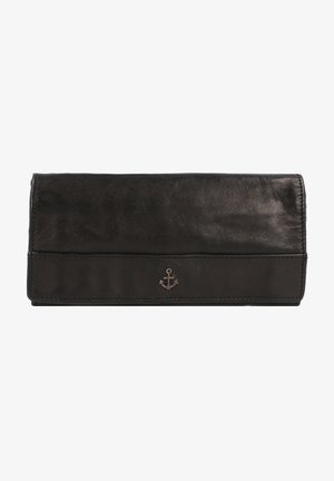 Black leather wallet with a smooth texture and a stitched, fold-over design. Features a silver anchor emblem on the front.
