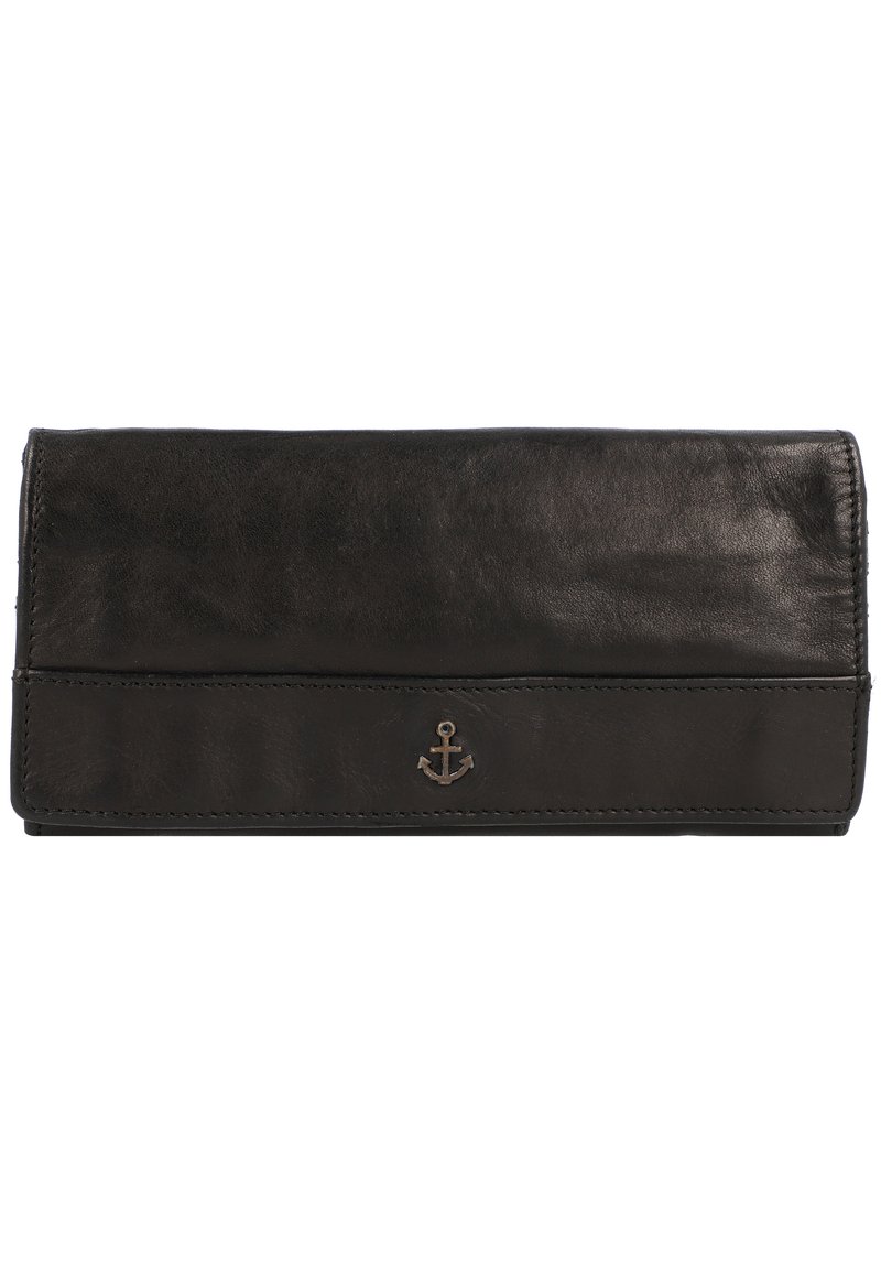 Portafoglio in pelle nera con una superficie liscia e un design pieghevole con cuciture. Presenta un emblema argentato a forma di ancora sul davanti.