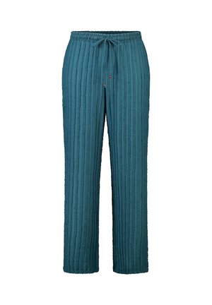 Tealblauwe gestructureerde casual broek met verticale strepen, elastische tailleband en aantrekkoord met kleine ronde accenten aan de voorzijde in het midden.