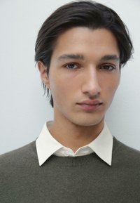 Grön tröja med rund hals över en vit skjorta med krage. Modellen har rakt, mörkt hår och neutral hudton.