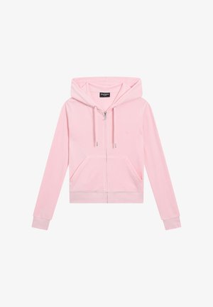 Pink Zip-Up-Hoodie mit weicher Textur, mit Kängurutasche, verstellbare Kapuze und gerippten Bündchen. Dezentes Logo-Detail auf der Brust.