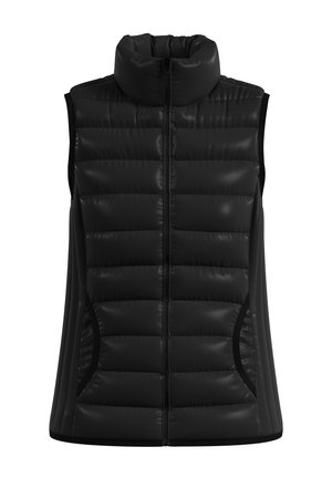 Gilet rembourré sans manches noir avec fermeture éclair devant et col haut, conçu pour la chaleur et l'isolation légère.