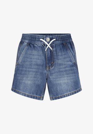 Denim kratke hlače v temno modrem pranju z elastičnim pasom, sprednjimi žepi in belim vrvico. Detajli kontrastnega šivanja izboljšujejo oblikovanje.