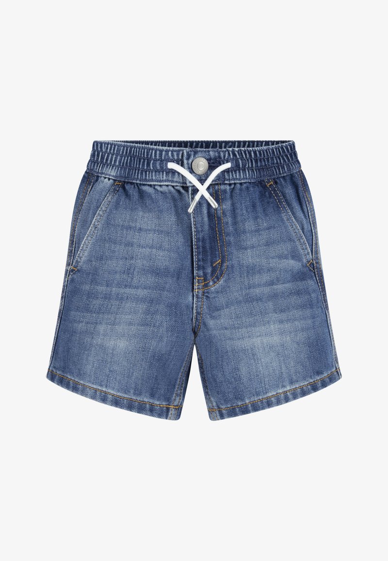 Shorts en denim dans un wash bleu foncé avec une taille élastique, des poches avant et un cordon de serrage blanc. Les détails de surpiqûres contrastées rehaussent le design.