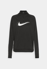 Musta neljännesvetoinen pullover, joka on valmistettu sileästä materiaalista. Kampeaa valkoista Nike-logoa rinnassa sekä resorit hihansuissa ja helmassa.