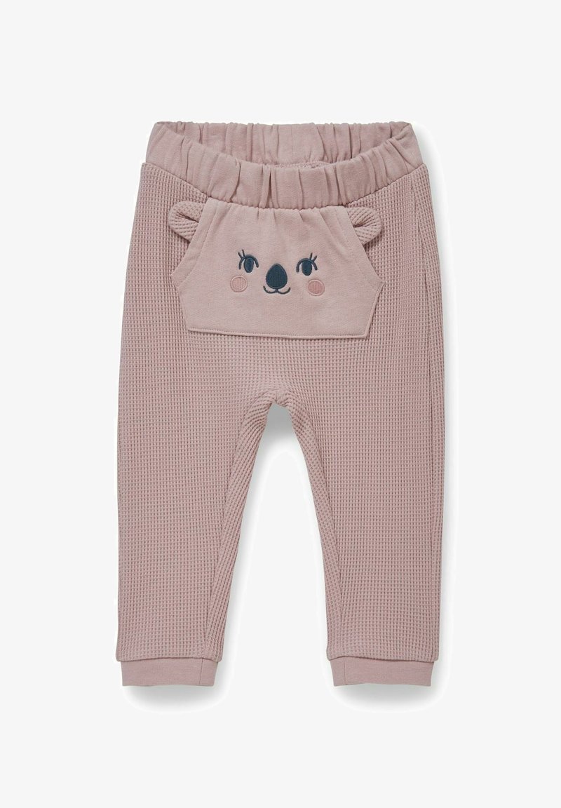 Rosa strukturierte Babyhose mit elastischem Bund und Vordertasche, die ein lächelndes Koalagesicht und kleine Stoffohren zeigt.