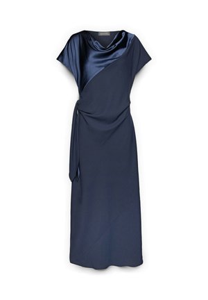 Abito midi blu navy con maniche corte, pannello asimmetrico in raso, scollo drappeggiato e dettaglio con fiocco laterale.