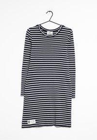 Abito a righe con maniche lunghe, caratterizzato da righe orizzontali blu navy e bianche. Realizzato in un tessuto dalla consistenza morbida e con un'etichetta sull'orlo.