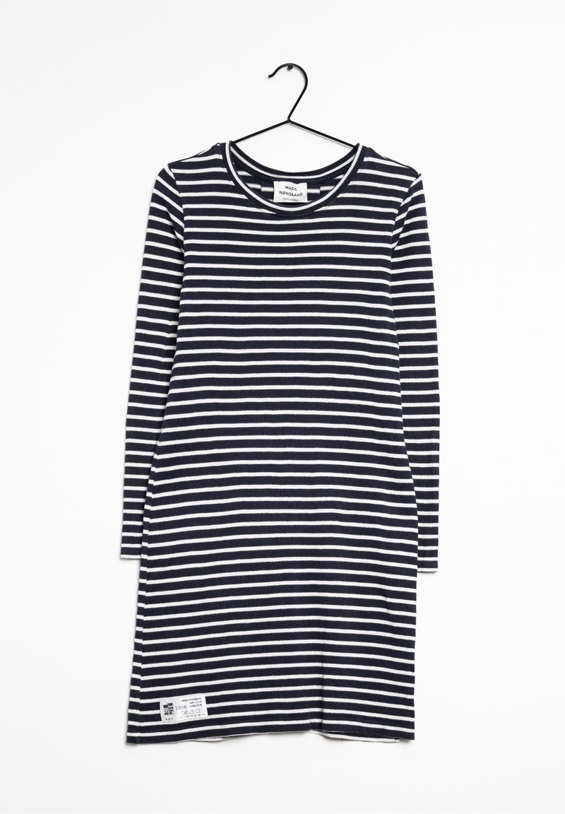 Robe rayée à manches longues, comportant des rayures horizontales bleu marine et blanches. Fabriquée dans un tissu à la texture douce et avec une étiquette au bas.