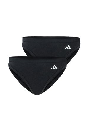Twee zwarte atletische zwembroekjes, elk voorzien van een klein wit drie-strepen logo aan de linker voorkant, weergegeven op een witte achtergrond.