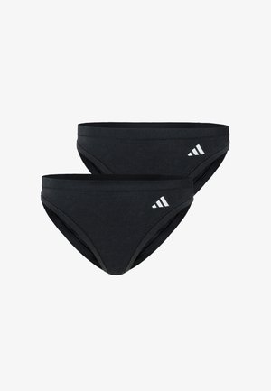 Twee zwarte atletische zwembroekjes, elk voorzien van een klein wit drie-strepen logo aan de linker voorkant, weergegeven op een witte achtergrond.