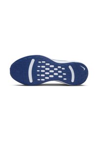 Suola di scarpa in gomma blu con accenti bianchi. Presenta modelli di grip circolari e scanalature orizzontali per una migliore trazione. Finitura liscia e texturizzata.