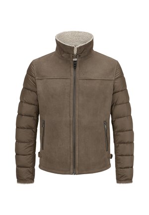 Braune Jacke mit einem strukturierten, glatten Obermaterial und gesteppten, puffigen Ärmeln. Verfügt über einen hohen Kragen und zwei seitliche Reißverschlusstaschen.