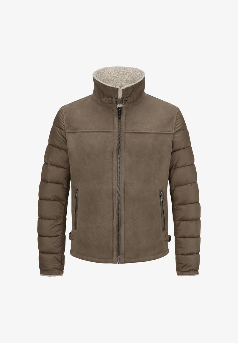 Braune Jacke mit einem strukturierten, glatten Obermaterial und gesteppten, puffigen Ärmeln. Verfügt über einen hohen Kragen und zwei seitliche Reißverschlusstaschen.