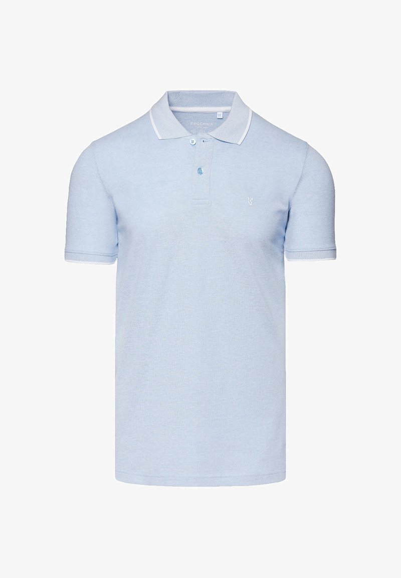 Jasnoniebieska koszulka polo z krótkim rękawem, uszyta z materiału o teksturowanym splocie, z białym kołnierzykiem i małym logotypem marki na piersi.