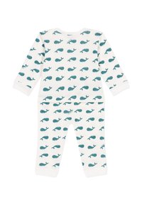 Ensemble de pyjama pour enfant en doux coton blanc avec un motif de baleines teal répétitif, comprenant des manches longues et un pantalon avec des poignets élastiques.