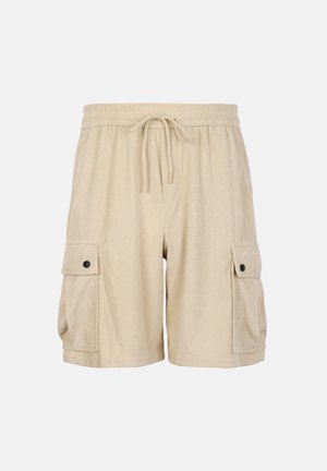 Μπεζ βερμούδα καμπαρντίνα cargo με ελαστική μέση, κορδόνι και τσέπες με καπάκι και κουμπί σε κάθε πλευρά.