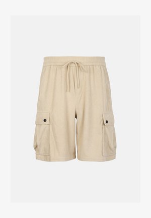 Bézs kordbársony cargo rövidnadrág rugalmas derékpánttal, húzózsinórral és gombos zsebfedőkkel mindkét oldalon.