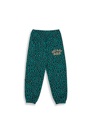 Pantaloni tuta teal con un motivo a stampa leopardata nera, dotati di vita elastica, coulisse e la scritta "GRIMEY" ricamata in rosso sul davanti.