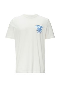 Witte katoenen T-shirt met korte mouwen. Heeft blauwe grafische tekst op de borst: "LAKESHORE RAFTING" en "SCOUT HARDWARE."