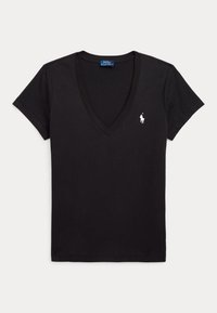 Μαύρο κοντομάνικο T-shirt με V-λαιμόκοψη και μικρό λευκό λογότυπο Polo Ralph Lauren στο αριστερό στήθος.