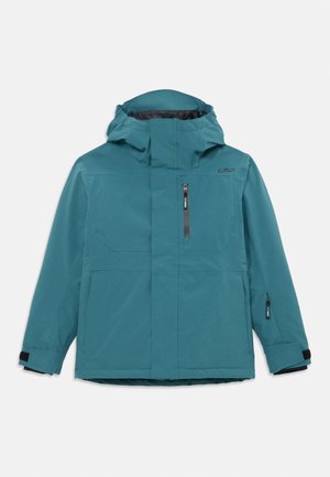 Chaqueta impermeable con capucha en color azul verdoso, cierre frontal con cremallera, cremallera en el bolsillo del pecho, logo en el pecho, correas ajustables en las muñecas y bolsillos laterales.