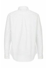 Wit longsleeve shirt, gemaakt van een gladde stof. Heeft een omgeslagen kraag, rechte zoom en knoopmanchetten met twee knopen.