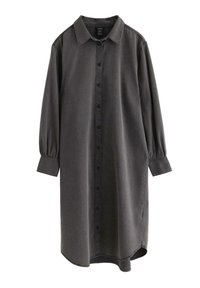 Mörkgrå skjortklänning med krage, långa puffärmar och rundad nederkant. Tillverkad av mjuk, texturerad tyg med en avslappnad passform.