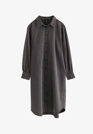 Mørk grå skjorte kjole med krave, lange puffærmer og buet kant. Lavet af blødt, tekstureret stof med en afslappet pasform.