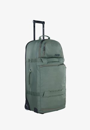 Borsone con ruote in tessuto verde oliva, dotato di molteplici tasche con cerniera, maniglie robuste e un manico retrattile nero per un facile trasporto.