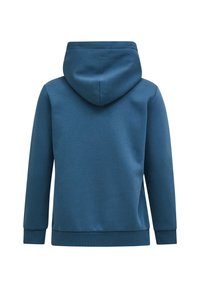 Dunkelblaue Kapuzenjacke mit weichem Material, gerippten Bündchen und Saum, ohne sichtbare Logos oder Muster auf der Rückseite.