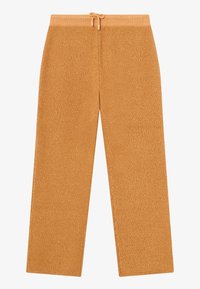 Gestrickte, weit geschnittene Hose in einem warmen, goldbraunen Farbton. Verfügt über einen elastischen Bund mit Kordelzug und einem strukturierten Stoff.