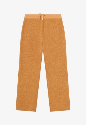 Knitted, wide-leg pants in a warm, golden-brown hue. Features an elastic waistband with a drawstring and a textured fabric.