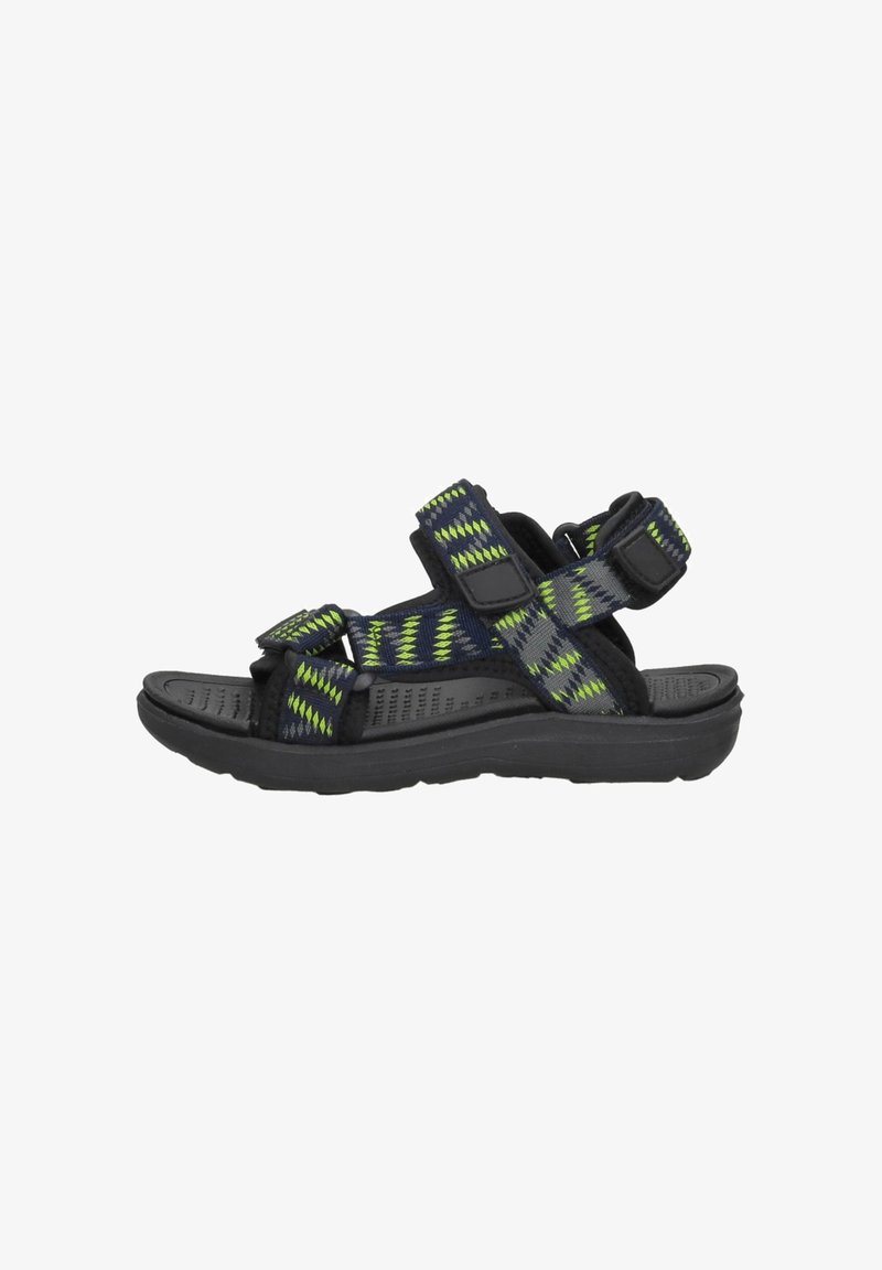 Zwarte en gele sandalen met een patroon, uitgerust met verstelbare bandjes en een textuur op de zool. Ze hebben een gewatteerde binnenzool en een duurzaam ontwerp.