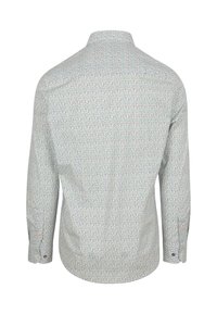 Lichtblauwe button-up shirt met een klein meerkleurig patroon. Beschikt over een kraag, lange mouwen en knoopmanchetten. Gladde stoftextuur.