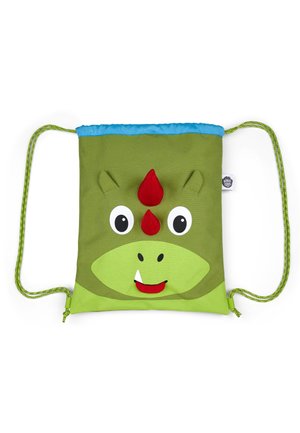 Grüner Rucksack mit Kordelzug, der ein Design mit einem Dinosauriergesicht zeigt. Oben blau, mit roten Akzenten und strukturierten Augen. Verstellbare grüne Träger.