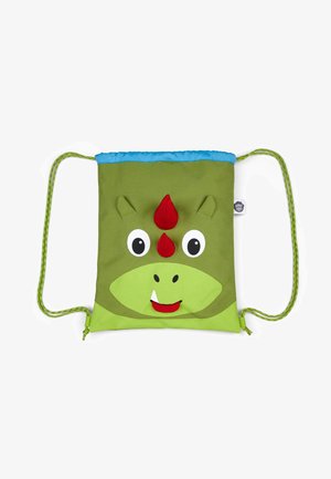 Green drawstring backpack featuring a dinosaur face design with a blue top, red accents, and textured eyes. Adjustable green straps.