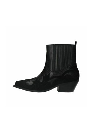 Black leather ankle boots with a pointed toe, textured surface, raised accents, and a low block heel. Features elastic side panels for fit.