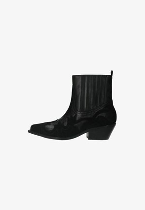 Schwarze Leder-Stiefeletten mit spitzer Zehenpartie, strukturiertem Obermaterial, hervorgehobenen Akzenten und einem niedrigen Blockabsatz. Verfügt über elastische Seiteneinsätze für eine gute Passform.