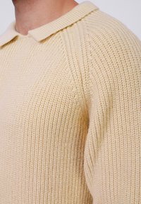 Stickad tröja i mjuk krämfärg, med krage, ribbad struktur och avslappnad passform med raglanärmar, vilket betonar dess avslappnade stil.