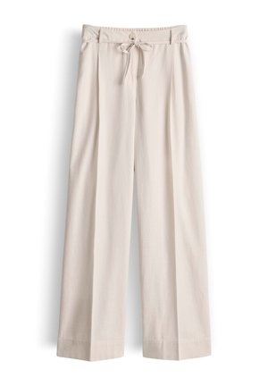 Pantalon beige à jambes larges avec cordon de serrage et fermeture par bouton, présentant une coupe décontractée et des plis à l'avant.