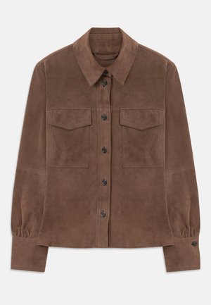 Brown suede long-sleeve shirt with button-down front, pointed collar, two chest flap pockets, and buttoned cuffs.
