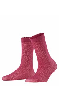 Calze rosa con motivo a fantasia, design testurizzato, bordo superiore ondulato e finitura liscia. Presentano forme a diamante e geometriche in tutto il loro schema.