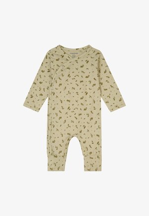 Langärmliger Overall aus leicht beigem Stoff mit grünen Tier- und Pflanzenmotiven, mit Wickeldesign und Druckknopfverschlüssen an der Vorderseite.