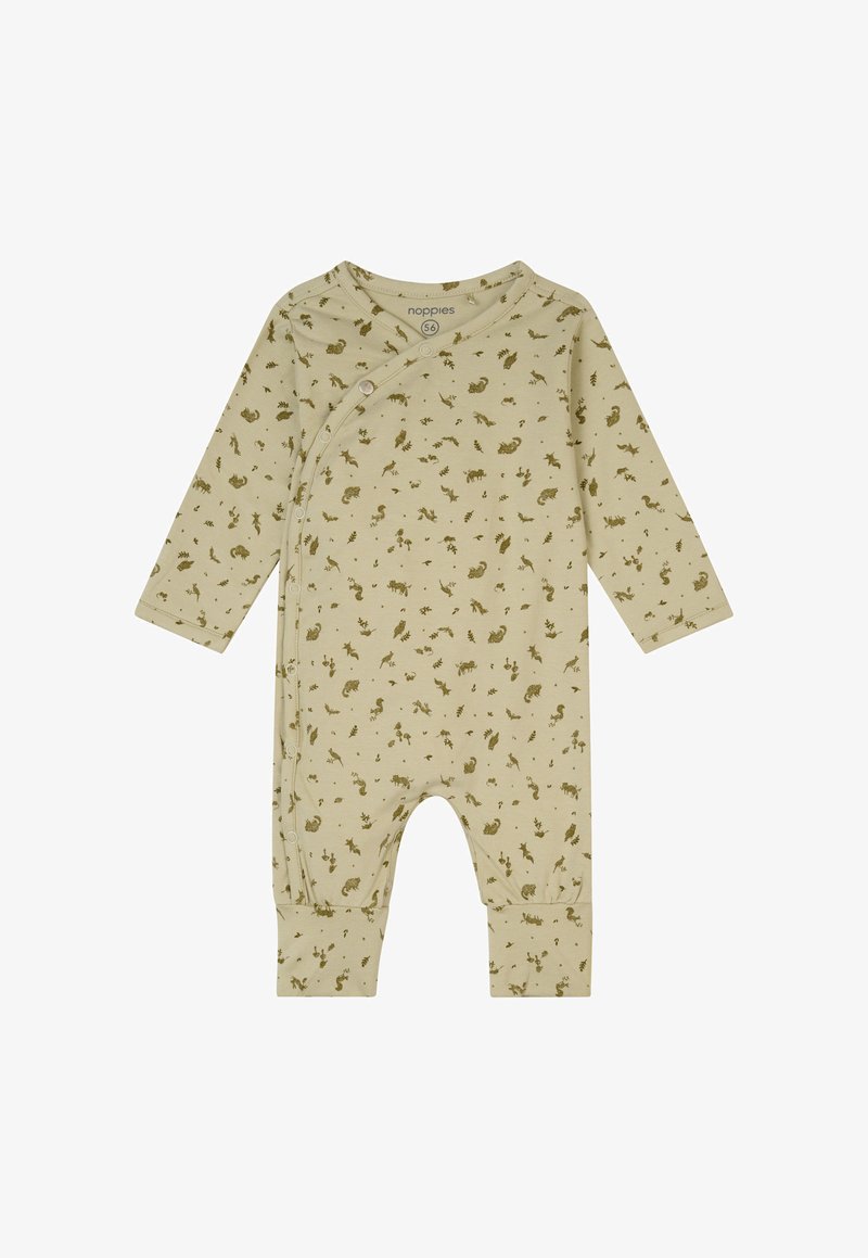 Langärmliger Overall aus leicht beigem Stoff mit grünen Tier- und Pflanzenmotiven, mit Wickeldesign und Druckknopfverschlüssen an der Vorderseite.