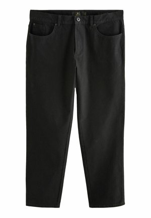 Black cotton pants with a relaxed fit, five pockets, and a button closure. Plain design with sturdy stitching and no visible patterns.