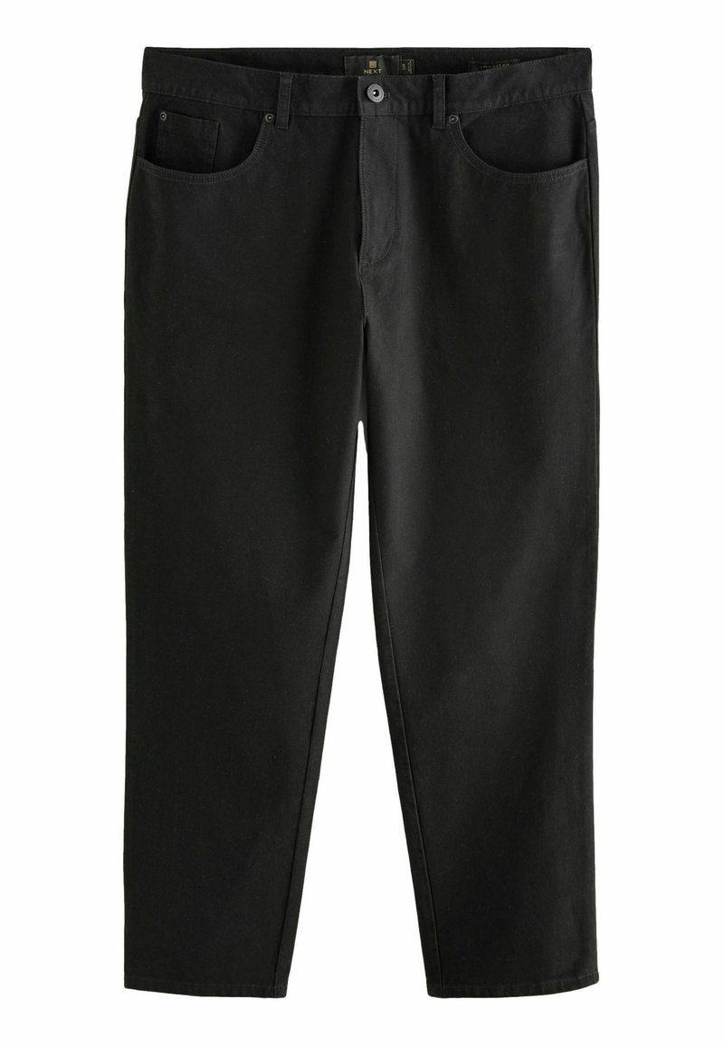 Pantaloni din bumbac negri, cu o croială confortabilă, cinci buzunare și închidere cu button. Design simplu, cu o cusătură rezistentă și fără modele vizibile.