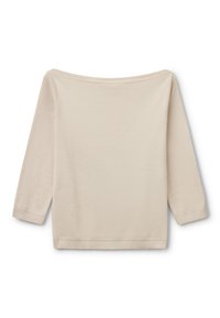 Beige av axel-top med trekvartslånga ärmar, ribbade manschetter och en mjuk, slät yta. Enkel, minimal design utan mönster.