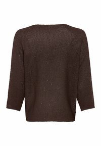 Dunkelbrauner, gestrickter Pullover mit langen Ärmeln, leichtem Schimmer im gesamten Stoff und lockerer, entspannter Passform, von hinten gezeigt.